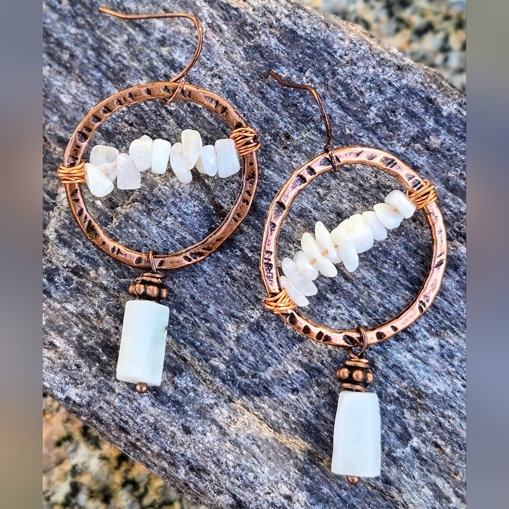 Rugged Moonlit Moonstone In Antiquated Hammered Copper In Handcrafted Earrings